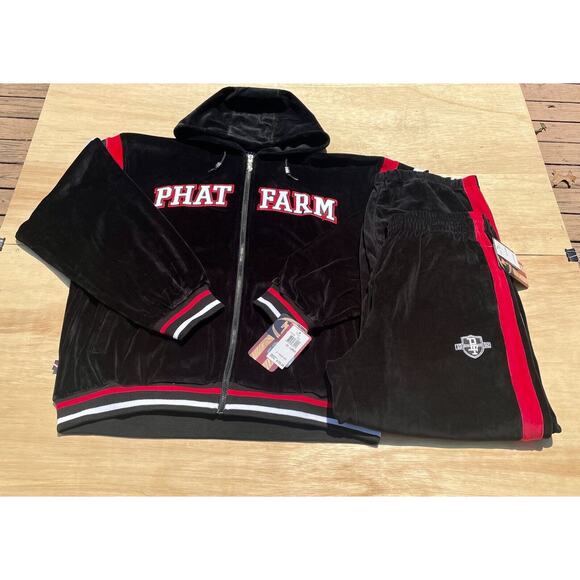 Phat Farm Other - PHAT FARM Velour Hoodie Jacket Zip Up Pull Over 2 Piece Set Men's Black SIZE 2XL